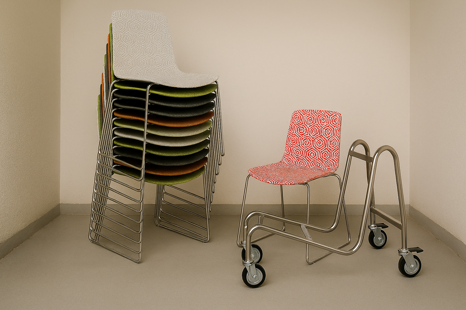 Transportwagen HEXAGON KU gestapelt transportwagen hexagon kufenstuhl transporthilfen stuhltransport