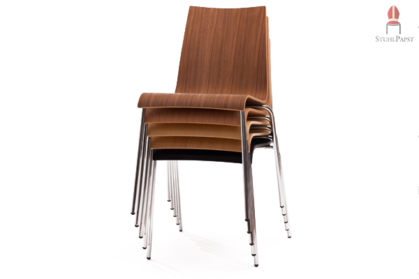 Holzschalenstühle in verschiedenen Holzdekoren - hoch und leicht stapelbar