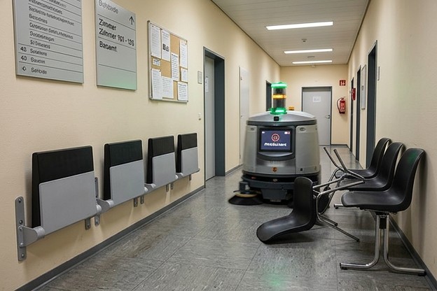 Flursituation mit Reinigungsrobotter in einer Behoerde Attraktiv