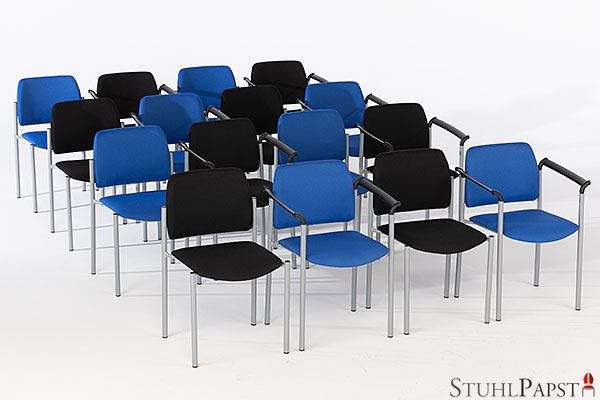 stapelbare gepolsterte Hallenbestuhlung Saalbestuhlung Eventstühle Objektstühle Seminarstühle Reihenstühle Reihenbestuhlung Konferenzstühle ohne Armlehnen in grau blau und Schwarz optional mit Reihenverbindern