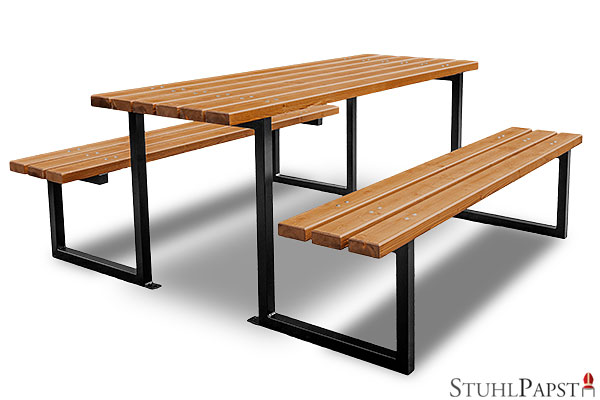 DOMINUS_01 robustes outdoor moebel, picknicktisch holz metall, tisch fuer rastplaetze, biergarten sitzgruppe, garten picknickgarnitur, holz tisch wetterfest, outdoor garnitur, garten tischbank set